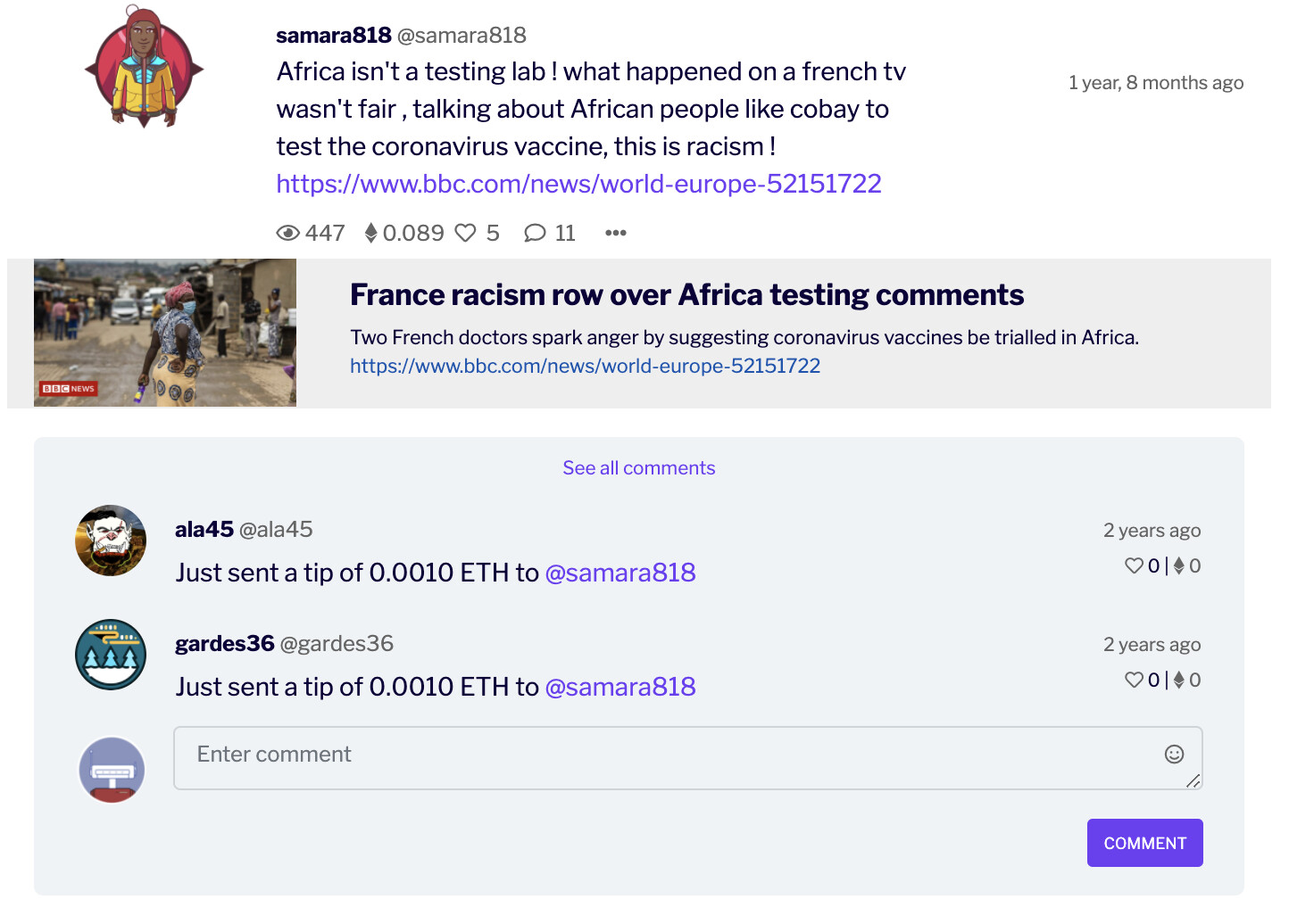 Example post that received tips on Gitcoin Townsquare